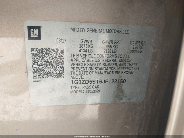 2018 Chevrolet Malibu Lt მანქანა იყიდება აუქციონზე, vin: 1G1ZD5ST6JF122160, აუქციონის ნომერი: 45045759