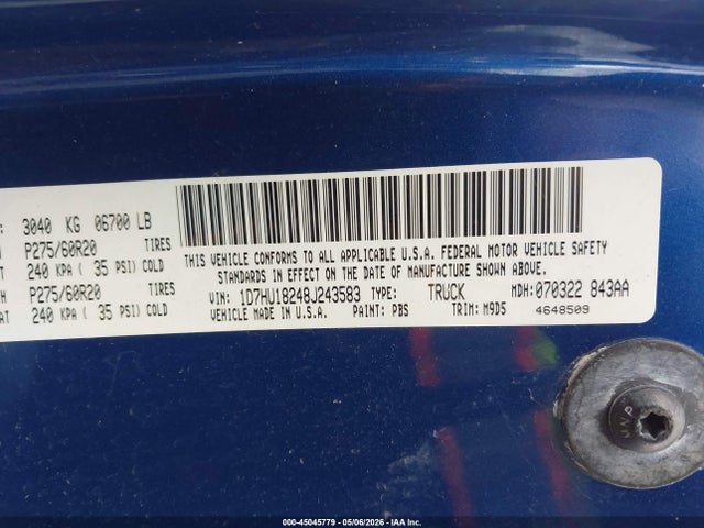 2008 Dodge Ram 1500 Slt მანქანა იყიდება აუქციონზე, vin: 1D7HU18248J243583, აუქციონის ნომერი: 45045779