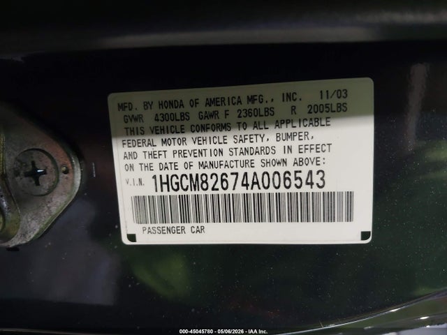 45045780 :رقم المزاد ، 1HGCM82674A006543 vin ، 2004 Honda Accord 3.0 Ex مزاد بيع