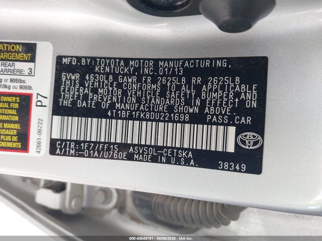 Продаж на аукціоні авто 2013 Toyota Camry L/le/se/xle, vin: 4T1BF1FK8DU221698, номер лоту: 45045781