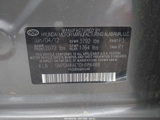 Aukcja sprzedaży 2013 Hyundai Elantra Limited, vin: 5NPDH4AE1DH186488, numer aukcji: 45045788