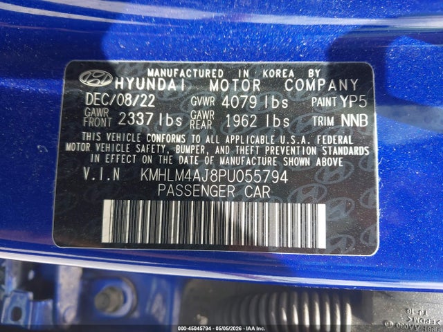 Продажа на аукционе авто 2023 Hyundai Elantra Hybrid Blue, vin: KMHLM4AJ8PU055794, номер лота: 45045794
