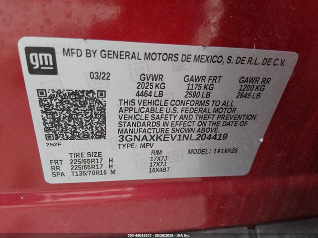 2022 Chevrolet Equinox Fwd Lt მანქანა იყიდება აუქციონზე, vin: 3GNAXKEV1NL204419, აუქციონის ნომერი: 45045807