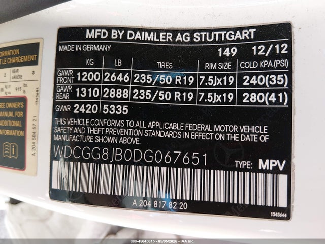 45045815 :رقم المزاد ، WDCGG8JB0DG067651 vin ، 2013 Mercedes-benz Glk 350 4matic مزاد بيع