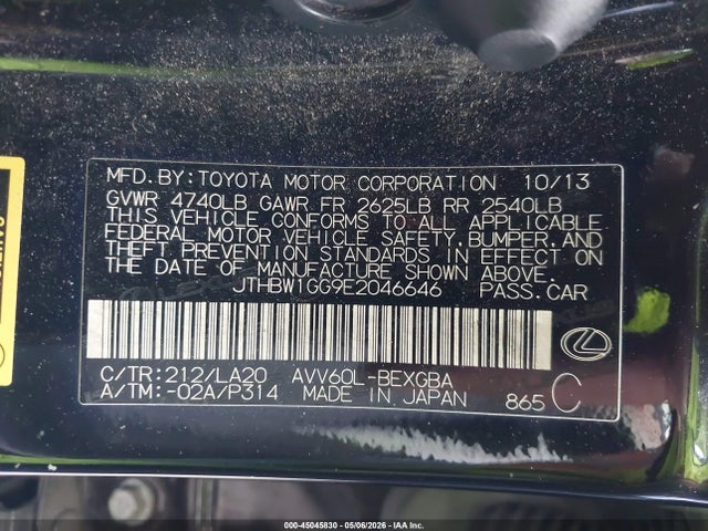 45045830 :رقم المزاد ، JTHBW1GG9E2046646 vin ، 2014 Lexus Es 300h مزاد بيع
