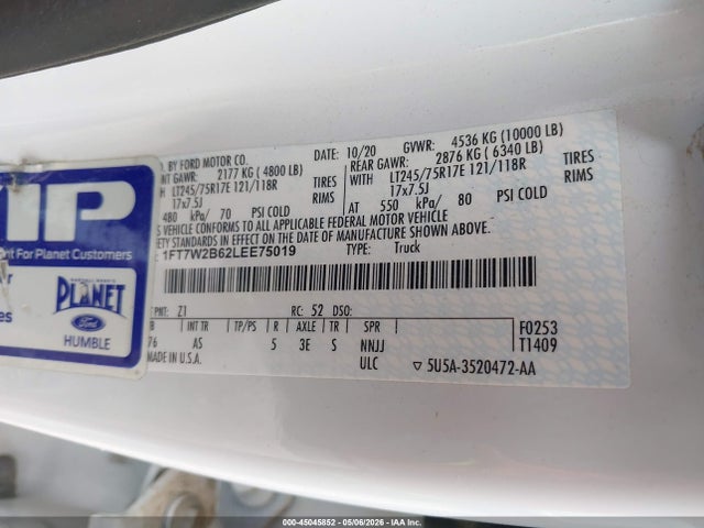 Auction sale of the 2020 Ford F-250, vin: 1FT7W2B62LEE75019, lot number: 45045852