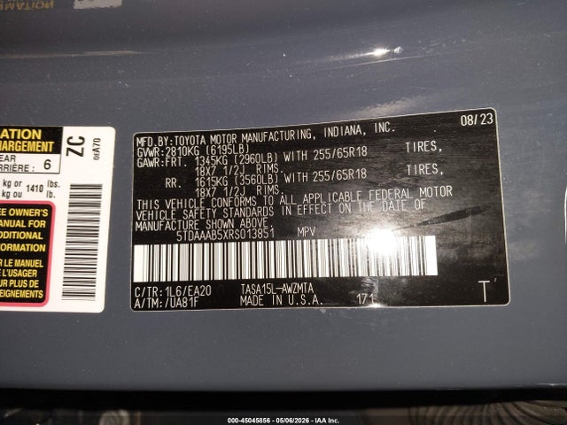 45045856 :رقم المزاد ، 5TDAAAB5XRS013851 vin ، 2024 Toyota Grand Highlander Xle مزاد بيع