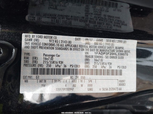Продажа на аукционе авто 2017 Ford Focus Se, vin: 1FADP3F20HL338070, номер лота: 45045855