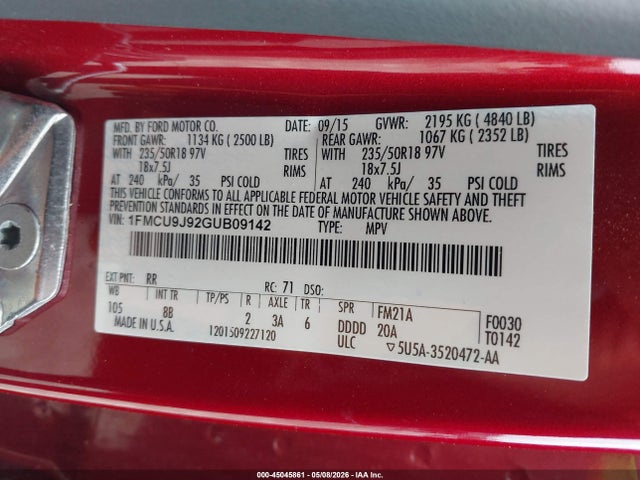 Продажа на аукционе авто 2016 Ford Escape Titanium, vin: 1FMCU9J92GUB09142, номер лота: 45045861