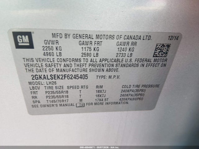 Aukcja sprzedaży 2015 Gmc Terrain Slt-1, vin: 2GKALSEK2F6245405, numer aukcji: 45045871