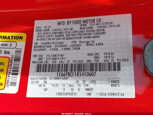 Продаж на аукціоні авто 2024 Ford Mustang Gt Premium Fastback, vin: 1FA6P8CF1R5410607, номер лоту: 45045873