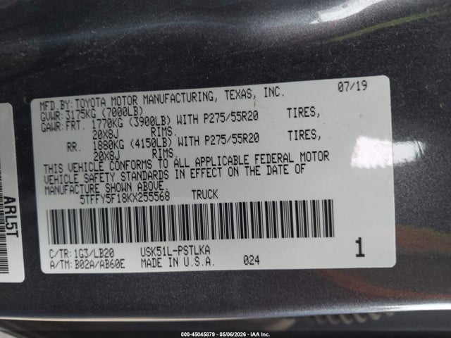 45045879 :رقم المزاد ، 5TFFY5F18KX255568 vin ، 2019 Toyota Tundra Limited 5.7l V8 مزاد بيع