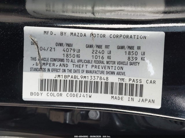 Продажа на аукционе авто 2021 Mazda Mazda3 Select, vin: JM1BPABL9M1337848, номер лота: 45045892