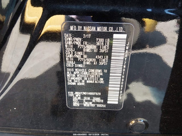 Продаж на аукціоні авто 2017 Nissan Armada Sl, vin: JN8AY2ND1H9007829, номер лоту: 45045893