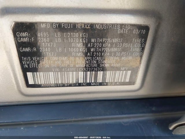 Aukcja sprzedaży 2010 Subaru Outback 3.6r Limited, vin: 4S4BRELCXA2373632, numer aukcji: 45045897