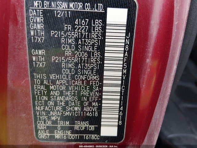 45045903 :رقم المزاد ، JN8AF5MV1CT114618 vin ، 2012 Nissan Juke Sl مزاد بيع