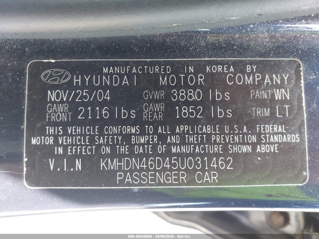 2005 Hyundai Elantra Gls/gt მანქანა იყიდება აუქციონზე, vin: KMHDN46D45U031462, აუქციონის ნომერი: 45045905