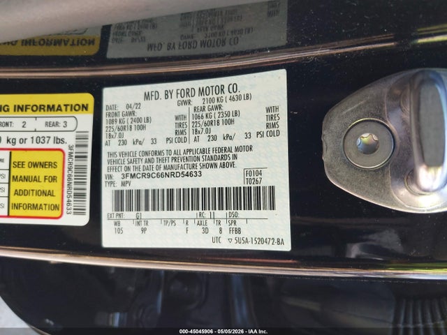 Продаж на аукціоні авто 2022 Ford Bronco Sport Outer Banks, vin: 3FMCR9C66NRD54633, номер лоту: 45045906