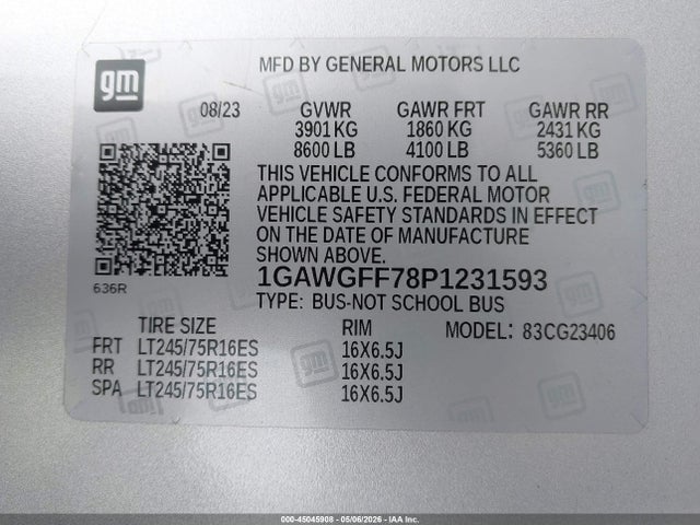 Продаж на аукціоні авто 2023 Chevrolet Express Passenger Rwd 2500 Regular Wheelbase Lt, vin: 1GAWGFF78P1231593, номер лоту: 45045908
