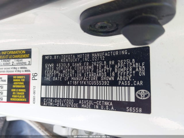 Aukcja sprzedaży 2012 Toyota Camry Le, vin: 4T1BF1FK1CU555392, numer aukcji: 45045909