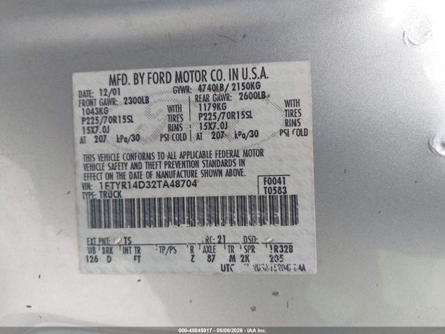 Продаж на аукціоні авто 2002 Ford Ranger Xl/xlt, vin: 1FTYR14D32TA48704, номер лоту: 45045917