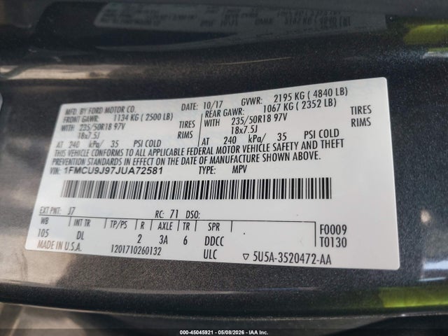 Aukcja sprzedaży 2018 Ford Escape Titanium, vin: 1FMCU9J97JUA72581, numer aukcji: 45045921