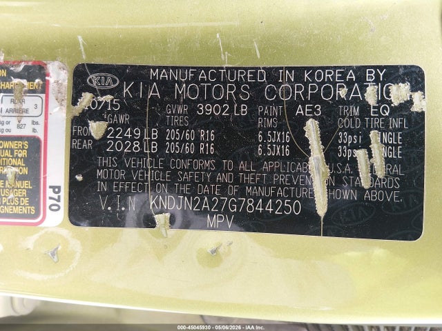2016 Kia Soul მანქანა იყიდება აუქციონზე, vin: KNDJN2A27G7844250, აუქციონის ნომერი: 45045930