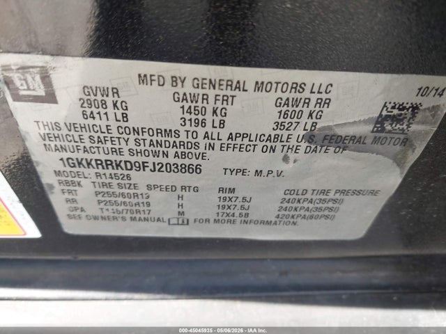 45045935 :رقم المزاد ، 1GKKRRKD9FJ203866 vin ، 2015 Gmc Acadia Slt-1 مزاد بيع