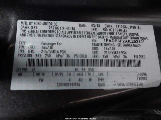 Продаж на аукціоні авто 2018 Ford Focus Se, vin: 1FADP3F29JL292101, номер лоту: 45045937