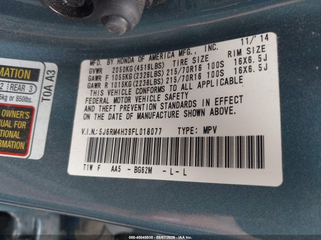 Продаж на аукціоні авто 2015 Honda Cr-v Lx, vin: 5J6RM4H39FL018077, номер лоту: 45045938