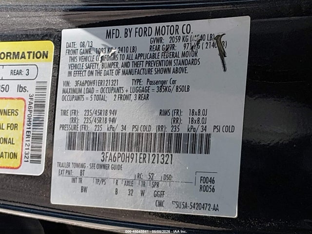 45045941 :رقم المزاد ، 3FA6P0H91ER121321 vin ، 2014 Ford Fusion Se مزاد بيع