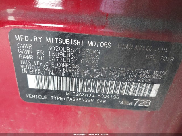 Продажа на аукционе авто 2020 Mitsubishi Mirage Es, vin: ML32A3HJ3LH004198, номер лота: 45045947