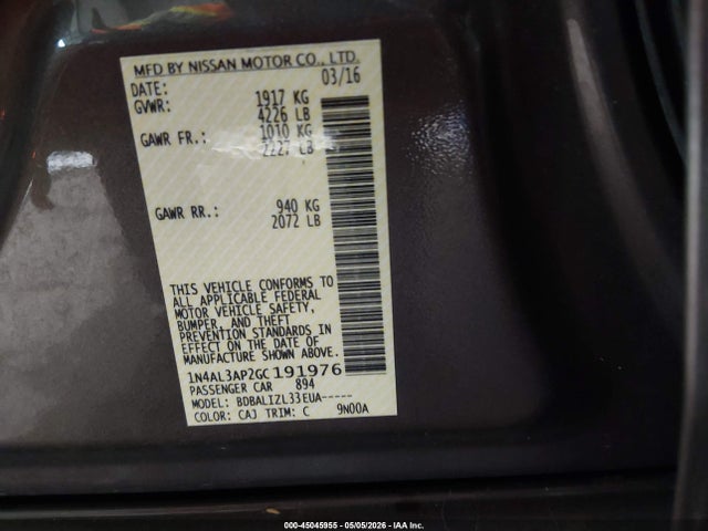 Продажа на аукционе авто 2016 Nissan Altima 2.5/2.5 S/2.5 Sl/2.5 Sr/2.5 Sv, vin: 1N4AL3AP2GC191976, номер лота: 45045955