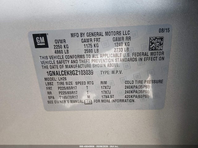 45045956 :رقم المزاد ، 1GNALCEK8GZ103039 vin ، 2016 Chevrolet Equinox Lt مزاد بيع