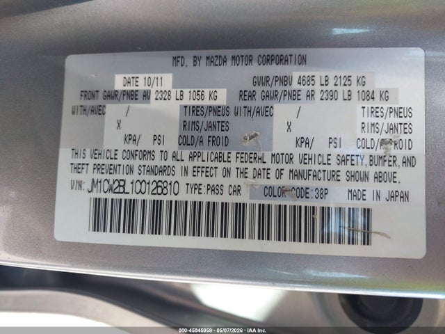 2012 Mazda Mazda5 Sport მანქანა იყიდება აუქციონზე, vin: JM1CW2BL1C0126810, აუქციონის ნომერი: 45045959