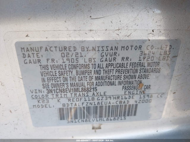 Продаж на аукціоні авто 2021 Nissan Versa Sv Xtronic Cvt, vin: 3N1CN8EV1ML868215, номер лоту: 45045977