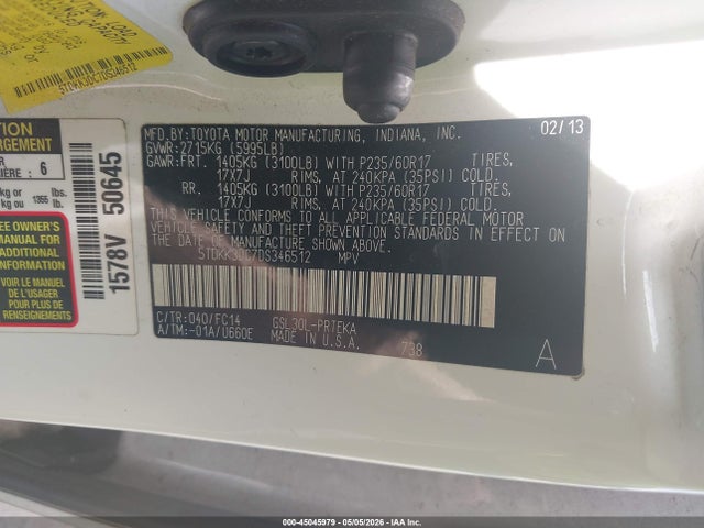 45045979 :رقم المزاد ، 5TDKK3DC7DS346512 vin ، 2013 Toyota Sienna Le V6 8 Passenger مزاد بيع
