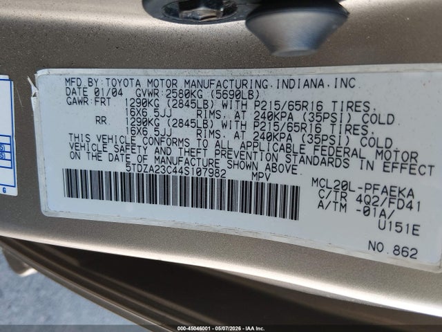 Aukcja sprzedaży 2004 Toyota Sienna Ce, vin: 5TDZA23C44S107982, numer aukcji: 45046001