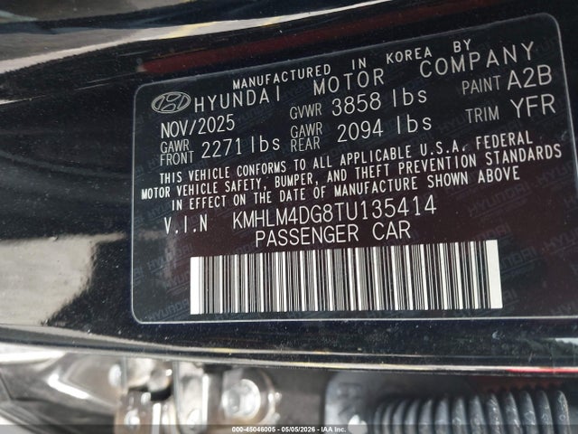 Aukcja sprzedaży 2026 Hyundai Elantra Sel Sport, vin: KMHLM4DG8TU135414, numer aukcji: 45046005