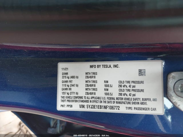 Продажа на аукционе авто 2022 Tesla Model 3 Long Range Dual Motor All-wheel Drive, vin: 5YJ3E1EB1NF106772, номер лота: 45046010