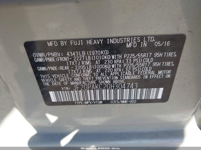 45046013 :رقم المزاد ، JF2GPAKC2GH304743 vin ، 2016 Subaru Crosstrek 2.0i Limited مزاد بيع