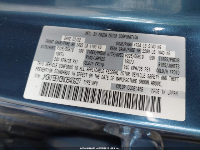 Продаж на аукціоні авто 2022 Mazda Cx-5 2.5 S Premium Plus, vin: JM3KFBEM3N0646937, номер лоту: 45046028