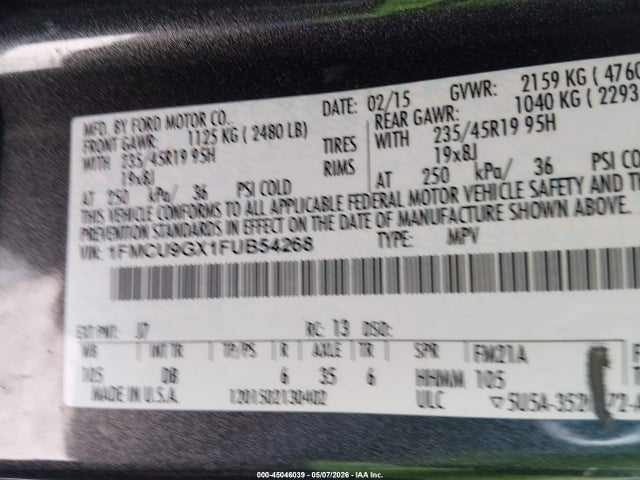 Продажа на аукционе авто 2015 Ford Escape Se, vin: 1FMCU9GX1FUB54268, номер лота: 45046039