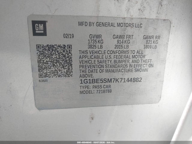 45046045 :رقم المزاد ، 1G1BE5SM7K7144882 vin ، 2019 Chevrolet Cruze Lt مزاد بيع