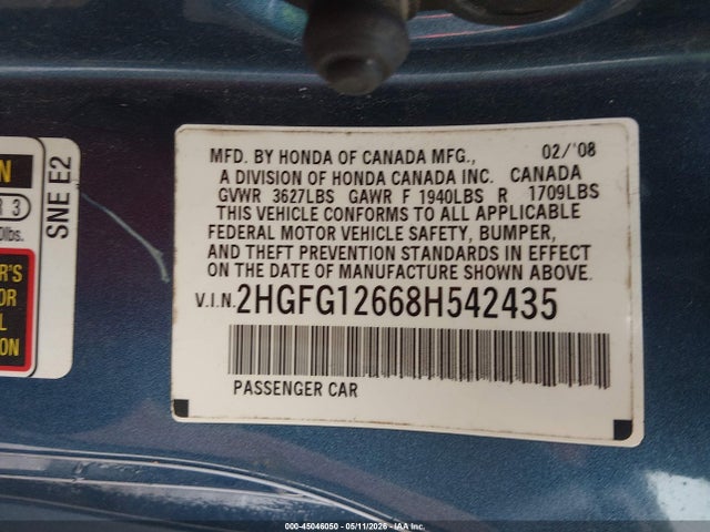 45046050 :رقم المزاد ، 2HGFG12668H542435 vin ، 2008 Honda Civic Lx مزاد بيع
