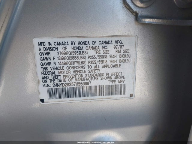 45046052 :رقم المزاد ، 2HNYD28357H550697 vin ، 2007 Acura Mdx Technology Package مزاد بيع