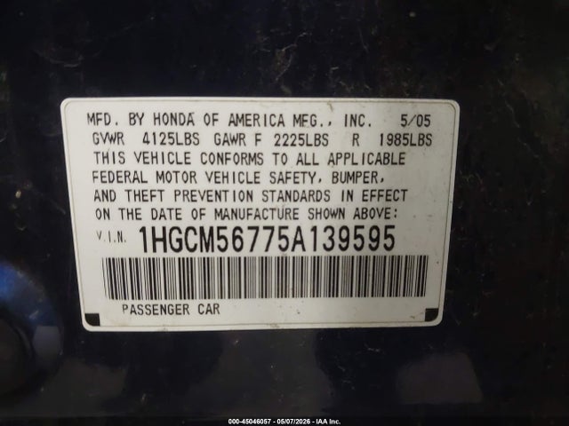 Aukcja sprzedaży 2005 Honda Accord 2.4 Ex, vin: 1HGCM56775A139595, numer aukcji: 45046057