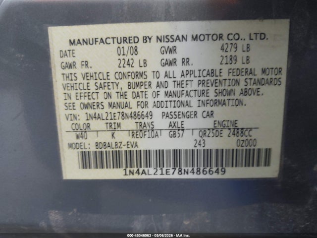 Aukcja sprzedaży 2008 Nissan Altima 2.5 S, vin: 1N4AL21E78N486649, numer aukcji: 45046063
