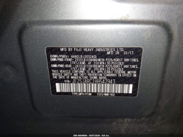 Aukcja sprzedaży 2017 Subaru Forester 2.5i Limited, vin: JF2SJARC1HH542943, numer aukcji: 45046064
