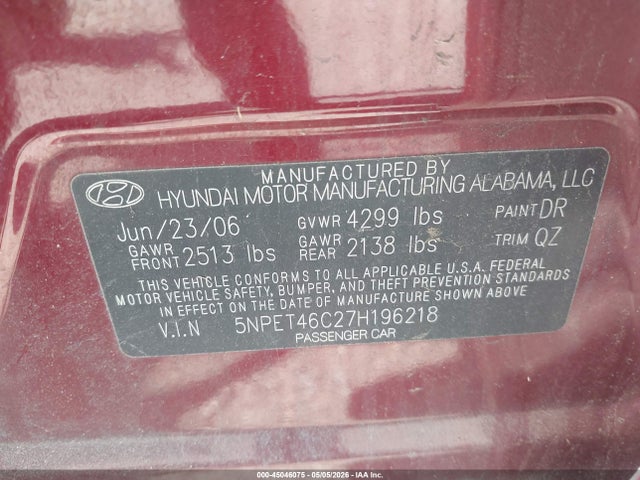 2007 Hyundai Sonata Gls მანქანა იყიდება აუქციონზე, vin: 5NPET46C27H196218, აუქციონის ნომერი: 45046075